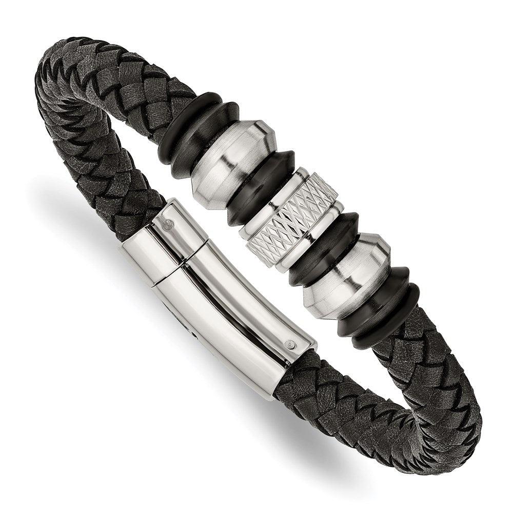 Stainless Steel Brushed/Polished Blk Leather Blk IP Blk Rubber Bracele