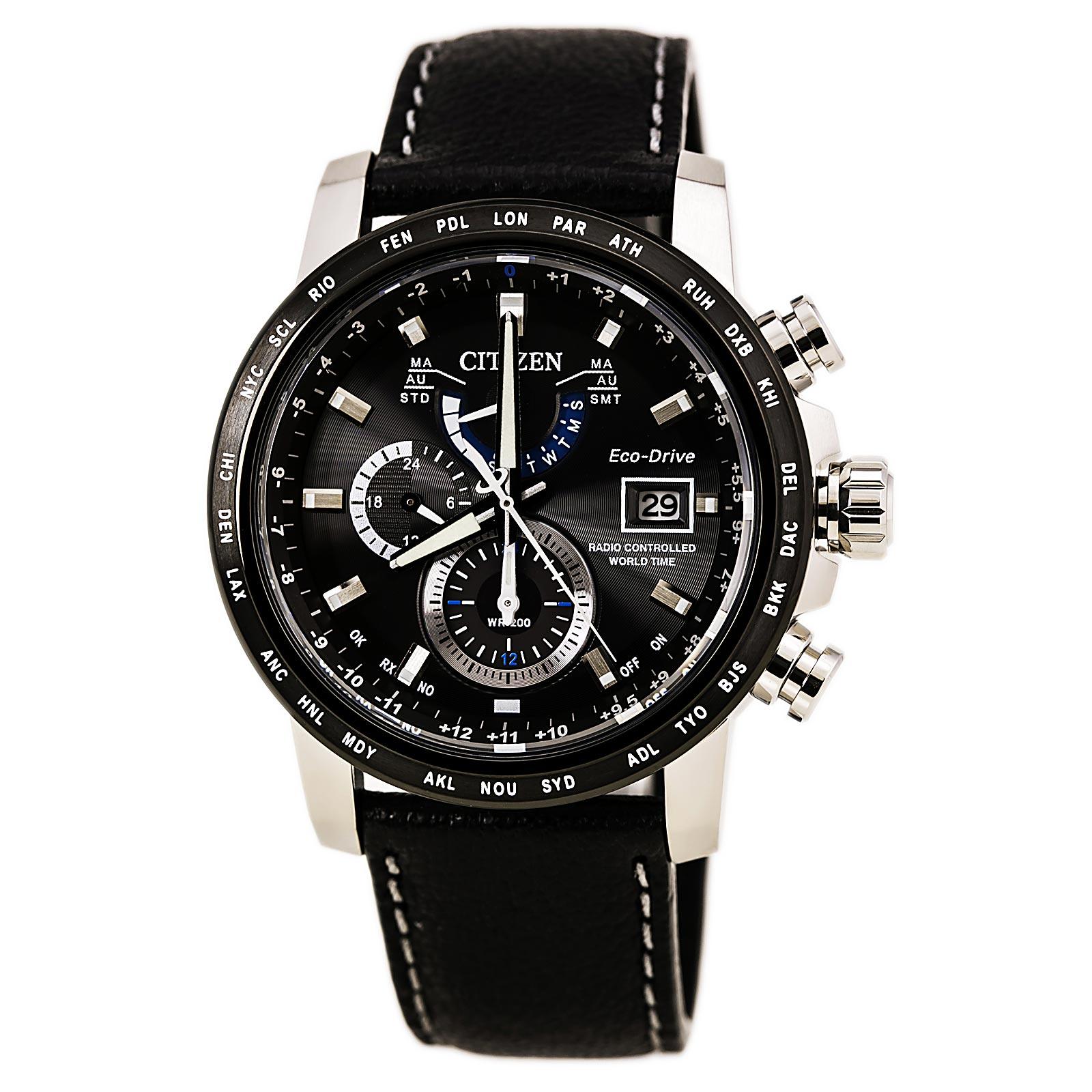 Citizen AT9071 07E Men s World Time A T Eco Drive Black Dial Black Lea