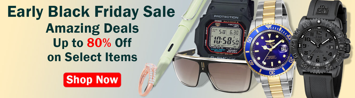 A rose gold ring, a mint colored Lamy pen, a black pair of Carrera sunglasses, a black Casio watch, a blue dial silver band Invicta, and a black out Luminox on a light gold and blue background. The text reads 