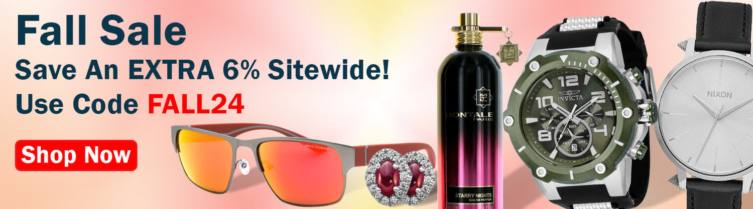 An orange pair of sunglasses, two diamond and garnet earrings, a purple bottle of perfume, a green and silver Invicta watch, and a silver and black Nixon watch on a red and yellow background. The text reads Fall sale, save an extra six percent sitewide! USe code FALL24. The button is red and reads Shop Now.