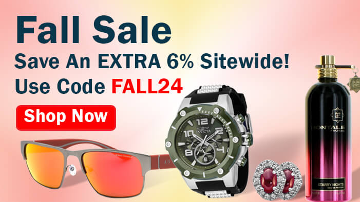 An orange pair of sunglasses, a green and silver Invicta watch, two diamond and garnet earrings, and a purple bottle of perfume on a red and yellow background. The text reads Fall sale, save an extra six percent sitewide! USe code FALL24. The button is red and reads Shop Now.