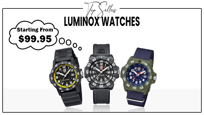 Three Luminox watches, two black and one blue and green on a white background. Text reads Top sellers Luminox watches. Starting from $99.95.