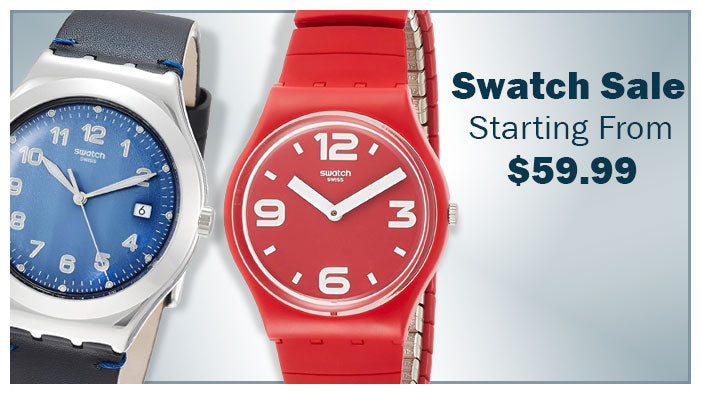 A Blue and silver Swatch watch next to a red Swatch watch on a blue and white background. The text reads Swatch Sale, starting from $59.99.