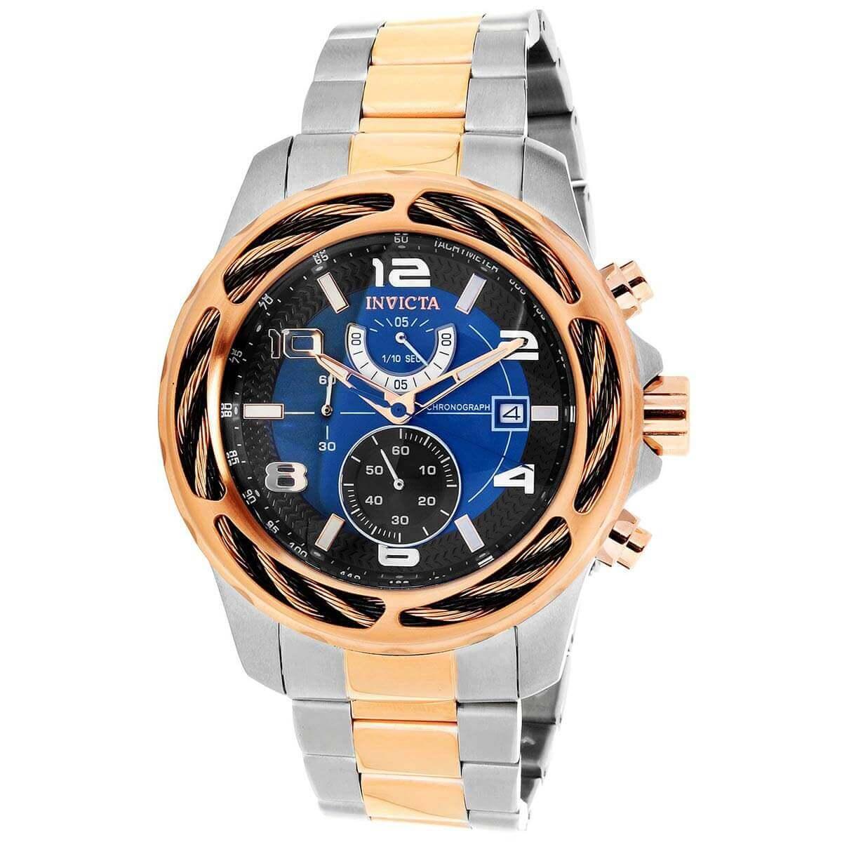 Invicta Men s Chrono Watch Bolt Black and Blue Dial Two Tone Bracele