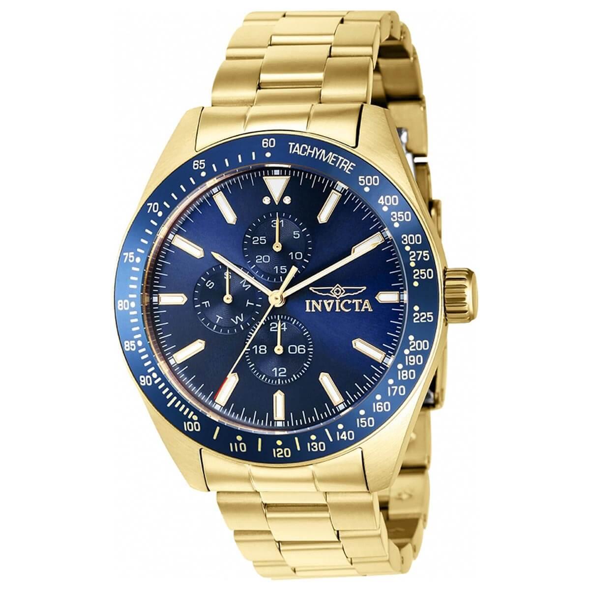 Invicta Men's Chronograph Watch - Aviator Blue Bezel Yellow Gold Bracelet | 38967